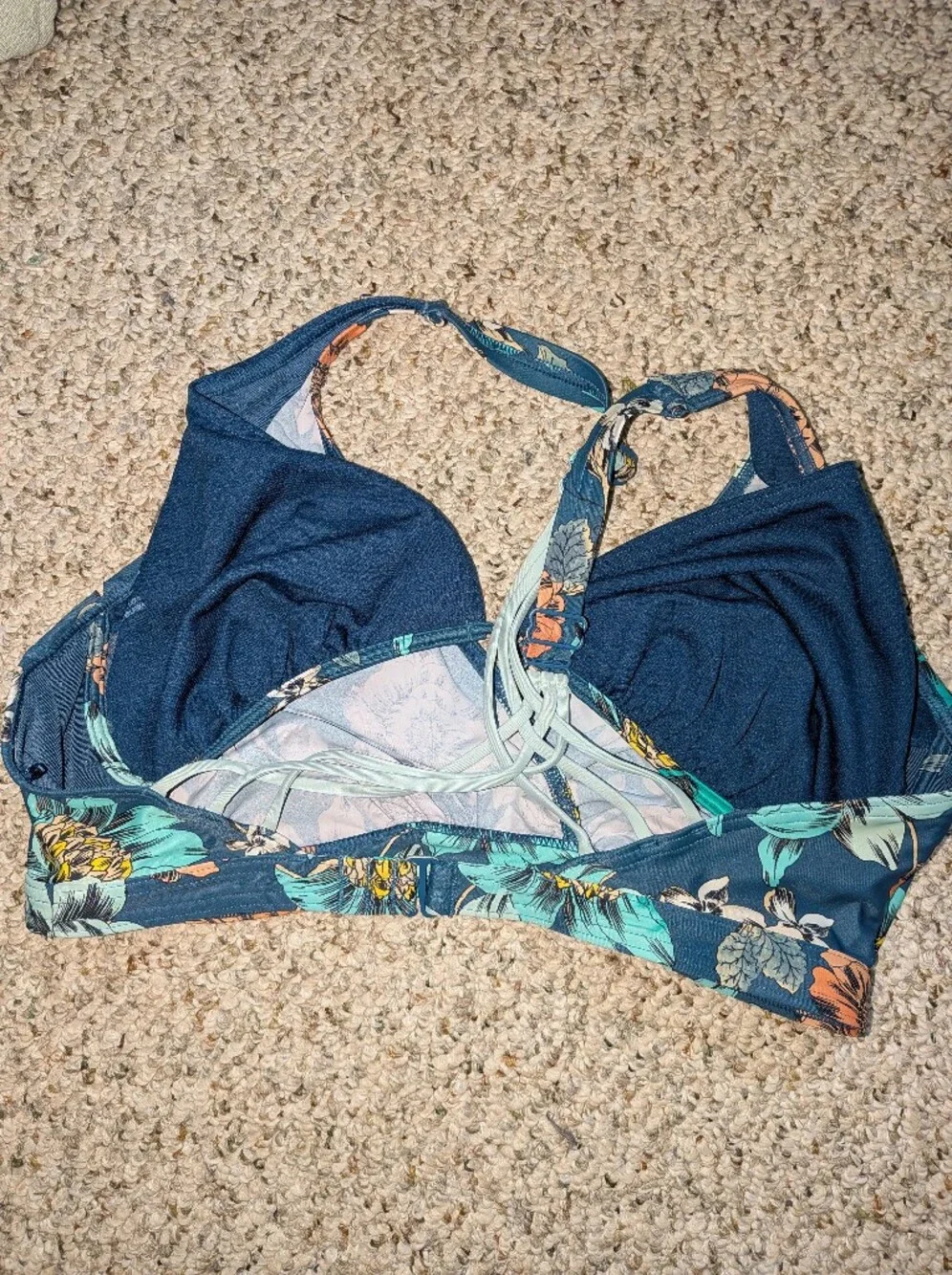 Prana Floral Dark Teal Bikini Top with Teal & Coral Accents